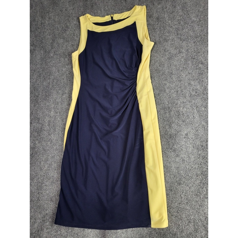 Lauren Ralph Lauren Sheath Dress Womens 12 Navy Yellow Ruched‎ Sleeveless Career